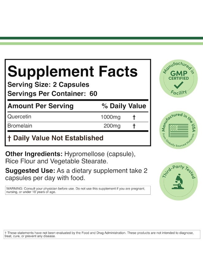 Double Wood Supplements Quercetin with Bromelain - 120 Capsules (1,200mg Servings) Immune Health Capsules - Supports Healthy Immune Functions in Men and Women (Vegan Safe, Third Party Tested, Gluten Free) by Double Wood - Image 2