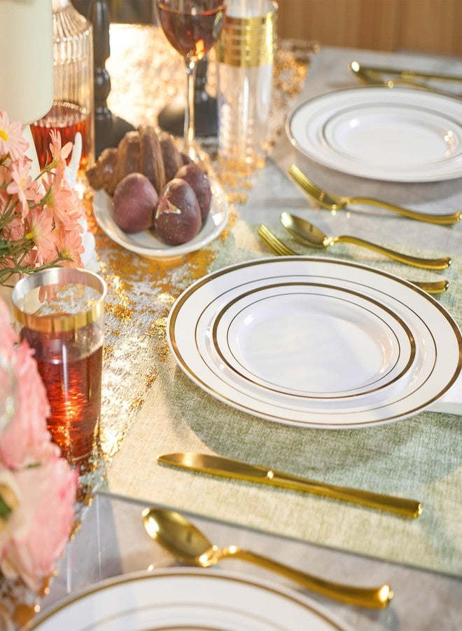 Fijinhom 350 Pieces Gold Disposable Plates for 50 Guests, Disposable Plastic Plates for Party, Wedding, Dinnerware Set of 50 Dinner Plates, 50 Salad Plates,50 Cups and 50 Paper Napkins, Gold - Image 2