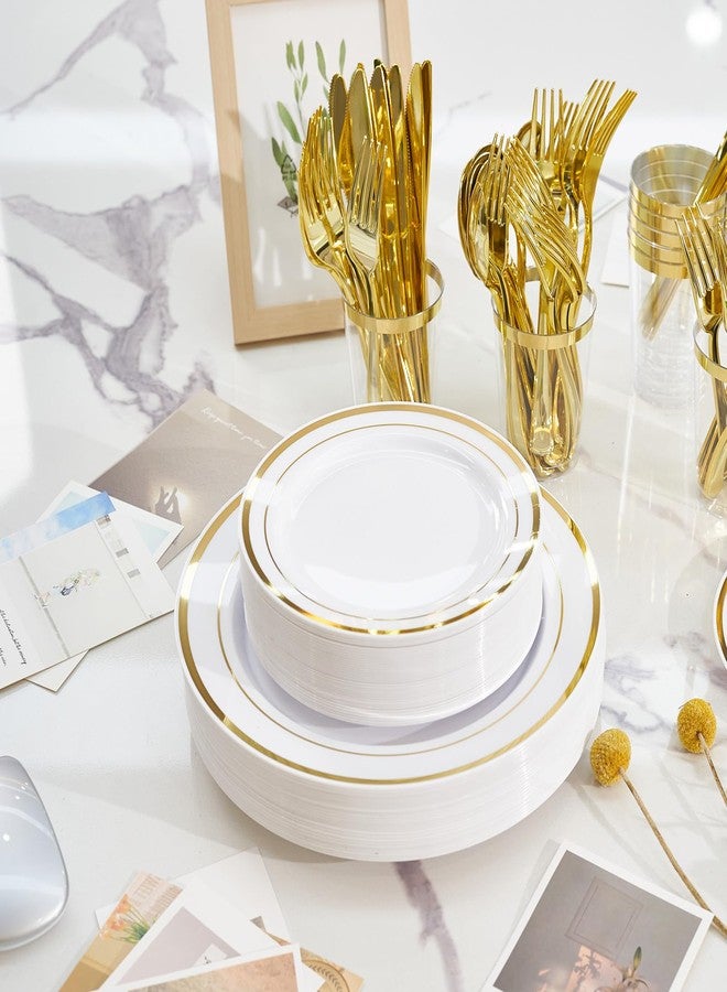 Fijinhom 350 Pieces Gold Disposable Plates for 50 Guests, Disposable Plastic Plates for Party, Wedding, Dinnerware Set of 50 Dinner Plates, 50 Salad Plates,50 Cups and 50 Paper Napkins, Gold - Image 5