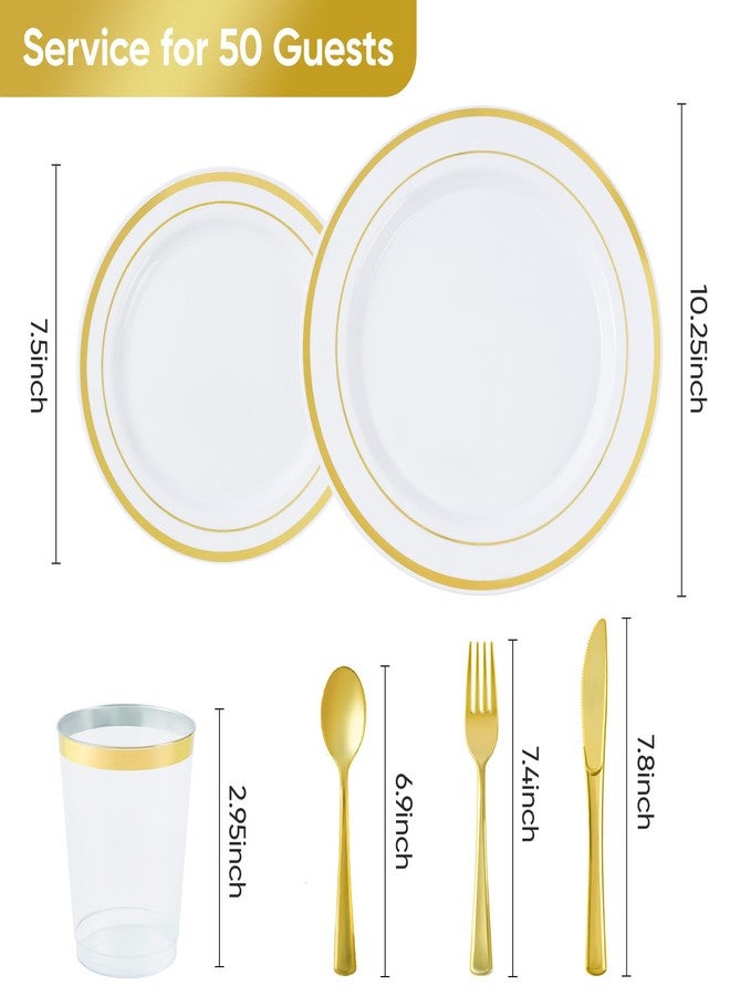 Fijinhom 350 Pieces Gold Disposable Plates for 50 Guests, Disposable Plastic Plates for Party, Wedding, Dinnerware Set of 50 Dinner Plates, 50 Salad Plates,50 Cups and 50 Paper Napkins, Gold - Image 3