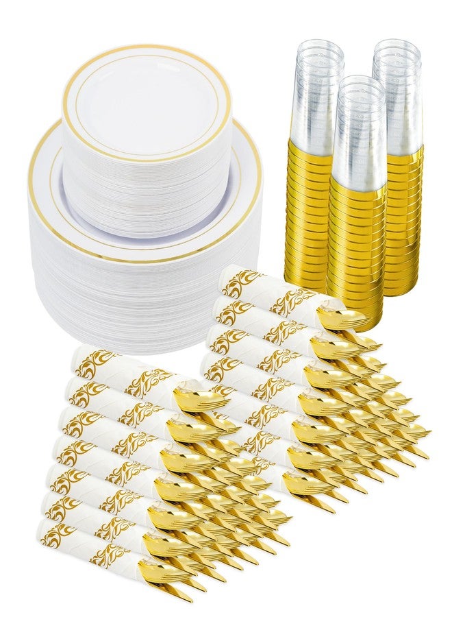 Fijinhom 350 Pieces Gold Disposable Plates for 50 Guests, Disposable Plastic Plates for Party, Wedding, Dinnerware Set of 50 Dinner Plates, 50 Salad Plates,50 Cups and 50 Paper Napkins, Gold - Image 1