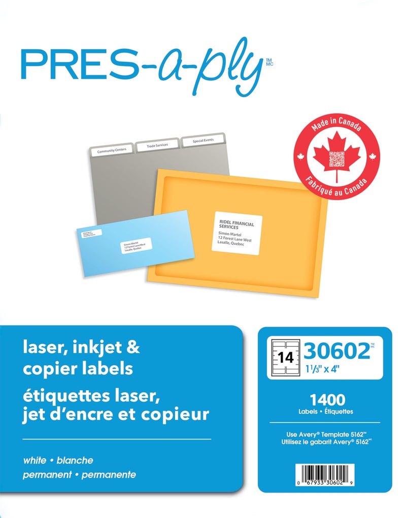 PRES-a-ply Laser Address Labels, 1.33 x 4 Inches, White, Box of 1400 (30602) - Image 1