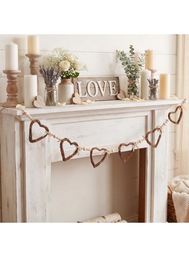 Glitinsel Vintage Rattan Heart Valentines Garland Wood Valentine's Day Beads Garland with Linen Bow Rustic Natural Grapevine Twig Hearts Chain Wreath Wooden Rustic Wreath Banner Decor for Farmhouse - Image 1