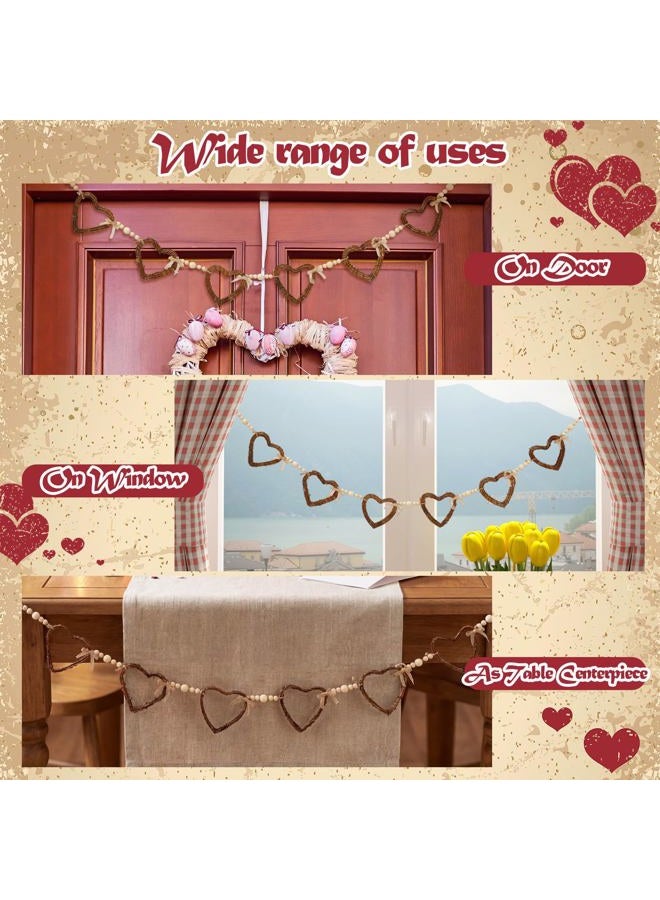 Glitinsel Vintage Rattan Heart Valentines Garland Wood Valentine's Day Beads Garland with Linen Bow Rustic Natural Grapevine Twig Hearts Chain Wreath Wooden Rustic Wreath Banner Decor for Farmhouse - Image 4