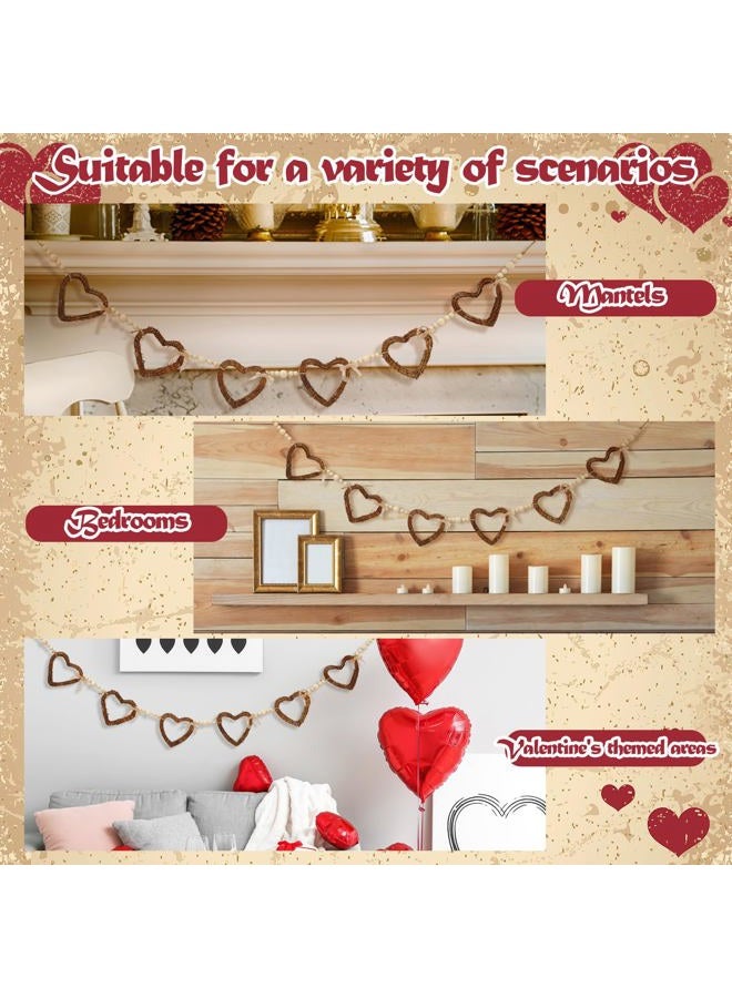 Glitinsel Vintage Rattan Heart Valentines Garland Wood Valentine's Day Beads Garland with Linen Bow Rustic Natural Grapevine Twig Hearts Chain Wreath Wooden Rustic Wreath Banner Decor for Farmhouse - Image 2