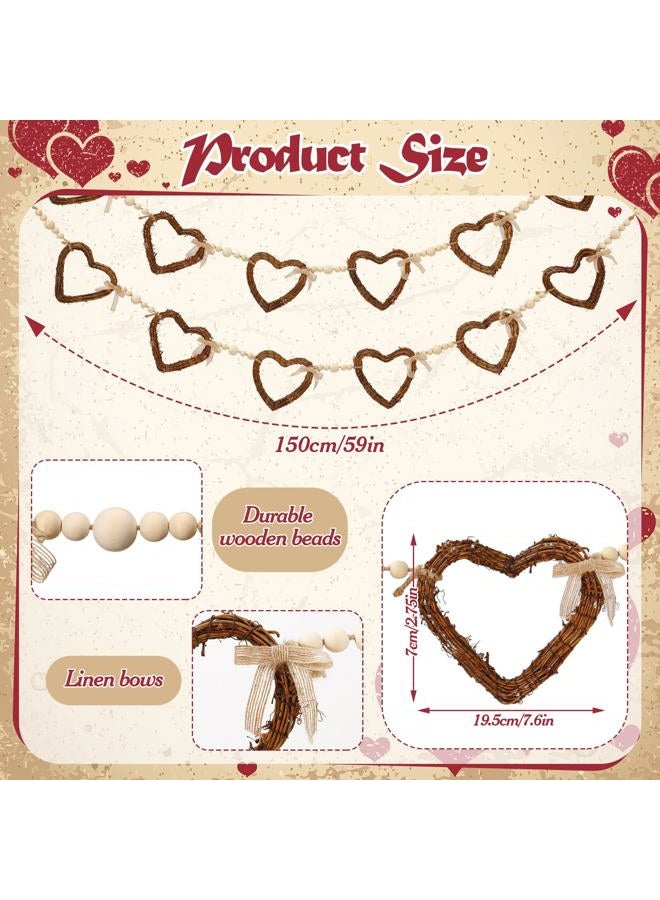 Glitinsel Vintage Rattan Heart Valentines Garland Wood Valentine's Day Beads Garland with Linen Bow Rustic Natural Grapevine Twig Hearts Chain Wreath Wooden Rustic Wreath Banner Decor for Farmhouse - Image 3