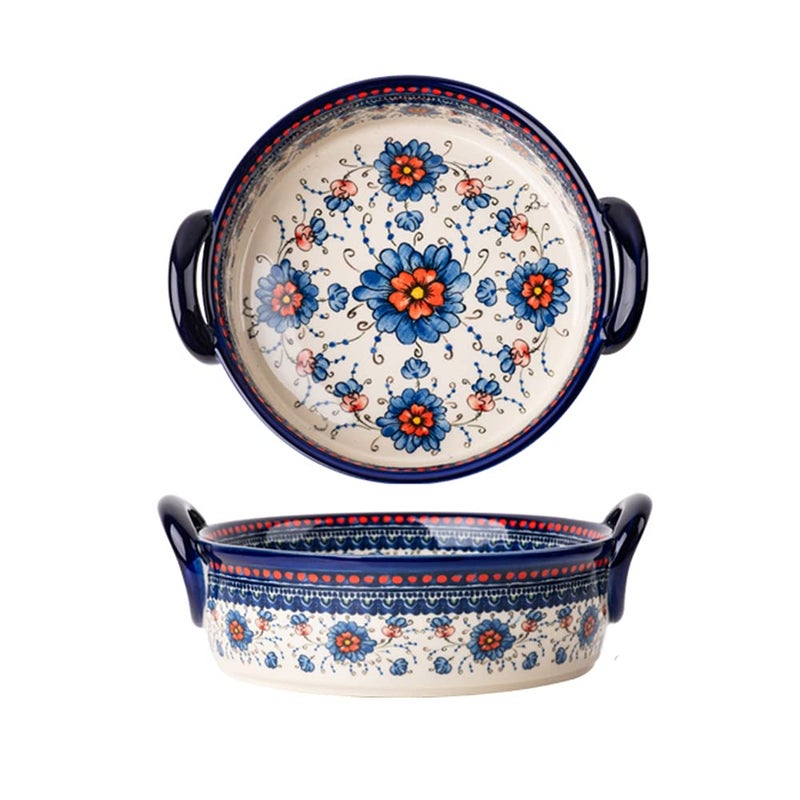 Bicuzat Blue and Orange Flower Vintage Style Ceramic Bakeware Casserole Lasagna Pans Baking Dish with Handles for OvenCookingKitchen1 PCS32 OZ