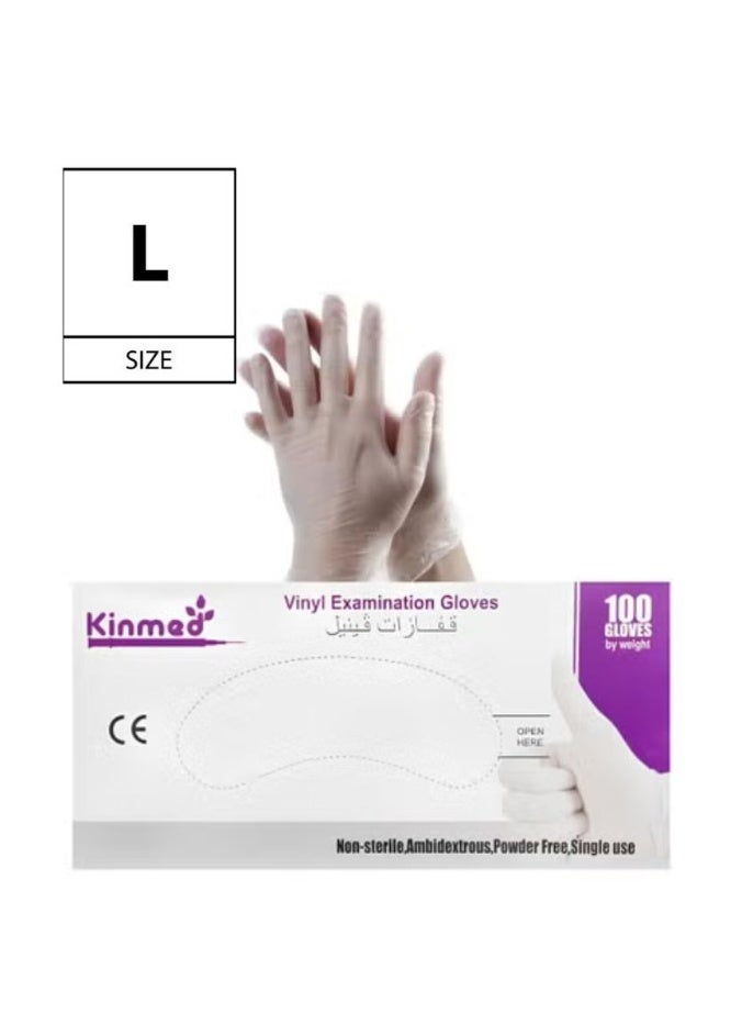 Kinmed Disposable vinyl inspection gloves,  large (L) size (100 gloves), powder-free - Image 1