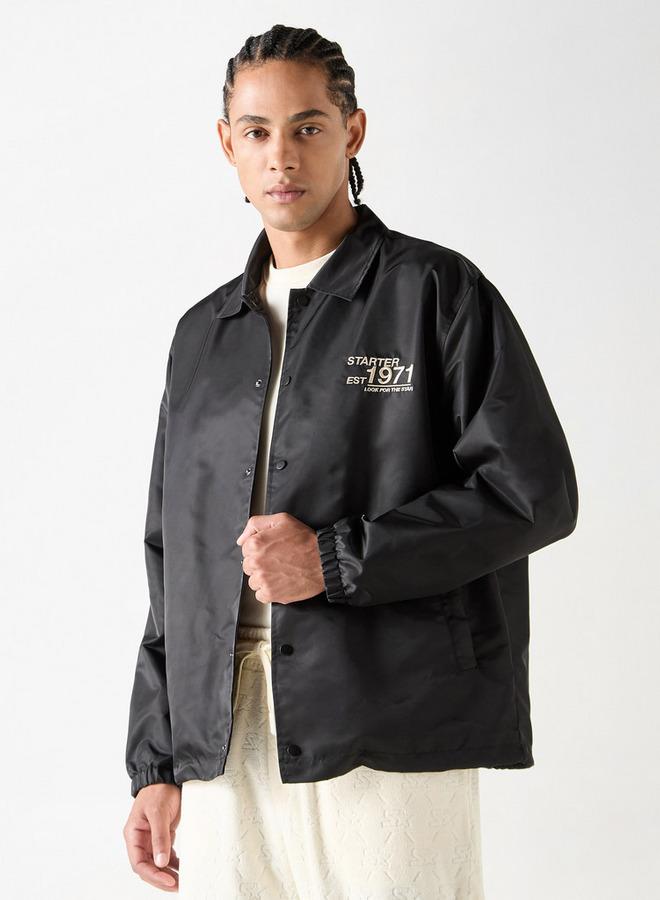 Starter Logo Detail Collared Biker Jacket with Long Sleeves and Pockets - Image 1