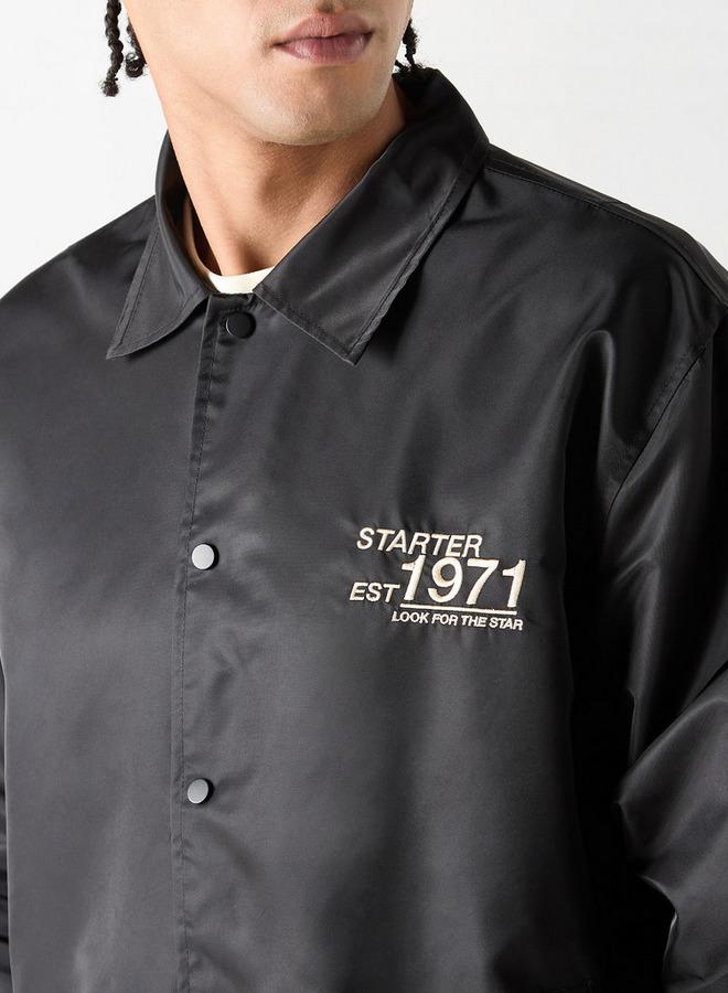 Starter Logo Detail Collared Biker Jacket with Long Sleeves and Pockets - Image 4