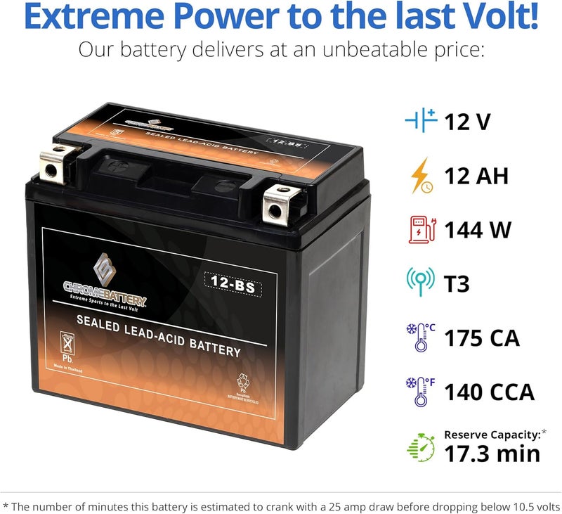 CB CHROMEBATTERY YTX12-BS 12 V 180 CCA AGM – Maintenance-Free 12 Ah Battery for ATV, Motorcycle, Scooter, Jet Ski – T3 Nut & Bolt – Fits Honda CBR600, Yamaha V-Star 1100, Polaris Sportsman 400 - Image 3