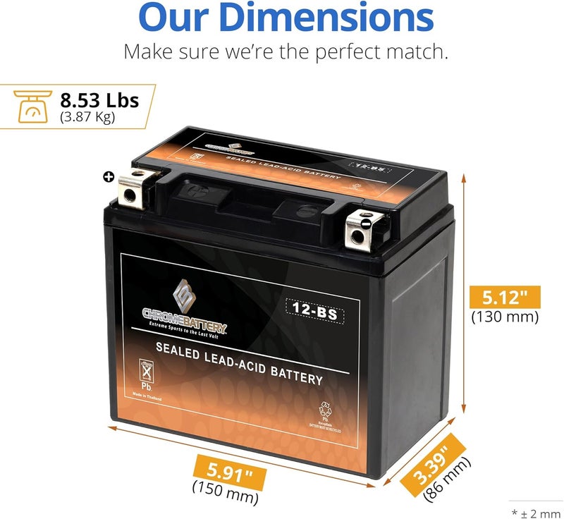 CB CHROMEBATTERY YTX12-BS 12 V 180 CCA AGM – Maintenance-Free 12 Ah Battery for ATV, Motorcycle, Scooter, Jet Ski – T3 Nut & Bolt – Fits Honda CBR600, Yamaha V-Star 1100, Polaris Sportsman 400 - Image 2