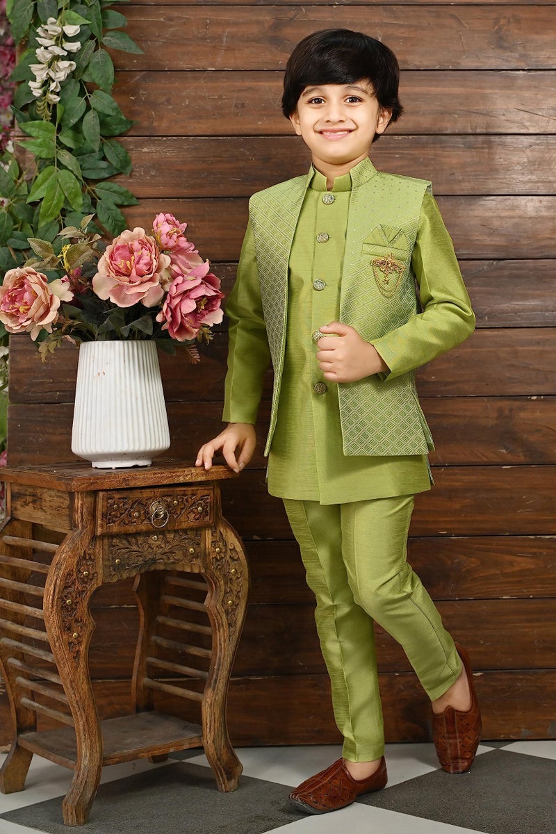 AHHAAAA Unisex Kids Ethnic Silk Indian Bollywood Style Jacquard Indo-Western Casual Style Sherwani Set For Boys 521Mf Green 10-11 Years, 521| - Image 2