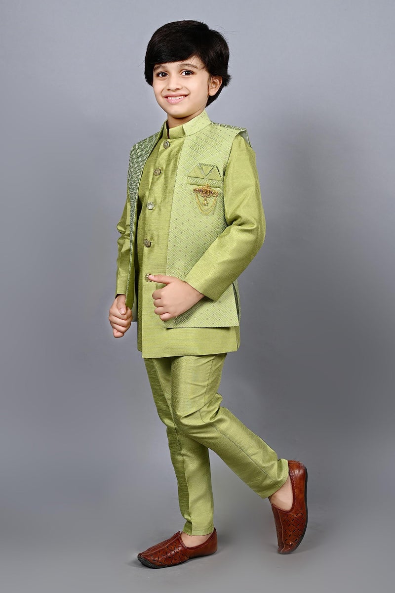 AHHAAAA Unisex Kids Ethnic Silk Indian Bollywood Style Jacquard Indo-Western Casual Style Sherwani Set For Boys 521Mf Green 10-11 Years, 521| - Image 4