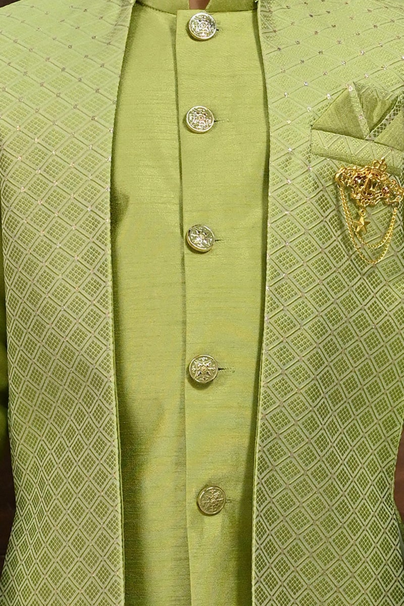 AHHAAAA Unisex Kids Ethnic Silk Indian Bollywood Style Jacquard Indo-Western Casual Style Sherwani Set For Boys 521Mf Green 10-11 Years, 521| - Image 5