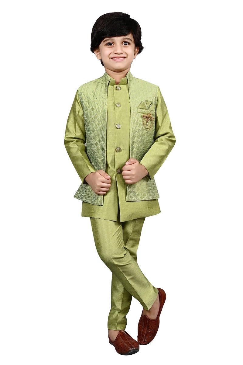AHHAAAA Unisex Kids Ethnic Silk Indian Bollywood Style Jacquard Indo-Western Casual Style Sherwani Set For Boys 521Mf Green 10-11 Years, 521| - Image 1