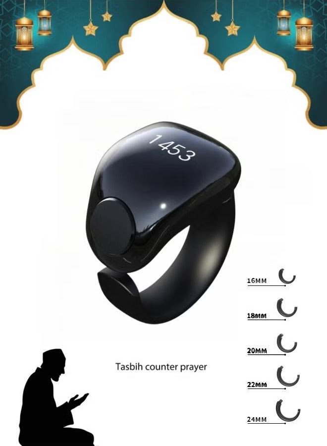 Tasbih Zikr Smart Praise Ring, Adjustable Praise Ring Finger Counter with 5 Sizes (16/18/20/22/24mm), APP Support Digital Counter Prayer Reminder Rings, Waterproof 4 Digit Finger Counter Zikr Ring for Muslims (Black) - Image 1
