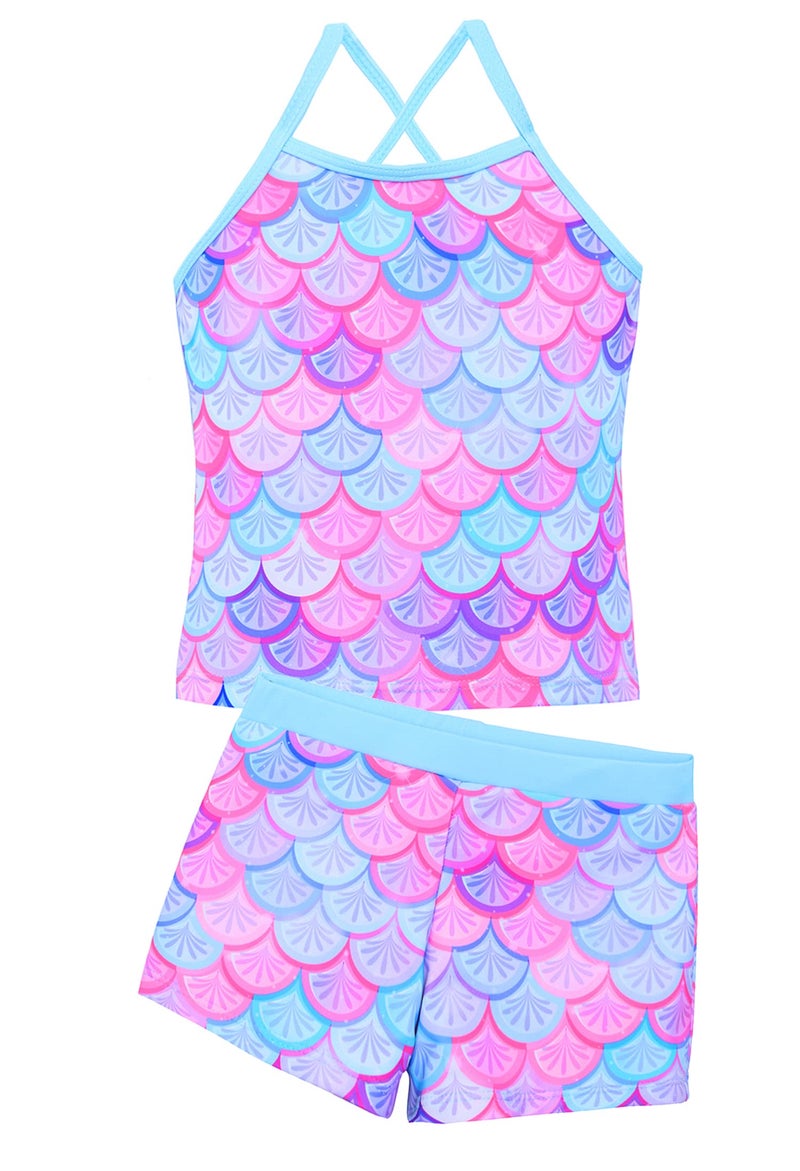 Akokvlar Girls Two Piece Bathing Suit Swimsuit Tankini Swimwear with Boyshort (12-13 Years, Navy Blue Purple Mermaid) - Image 3