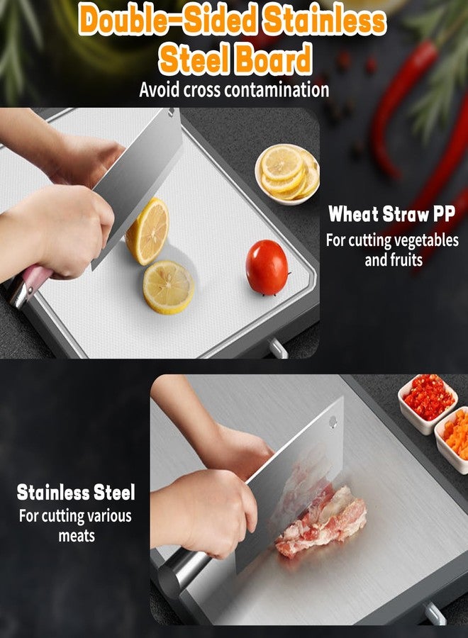 LTWQLing Stainless Steel Cutting Board, Double-Sided Cutting Boards, Large Cutting Boards for Kitchen,Food-Grade, Stainless Steel and Wheat Straw PP, Dishwasher Safe (Large) - Image 2