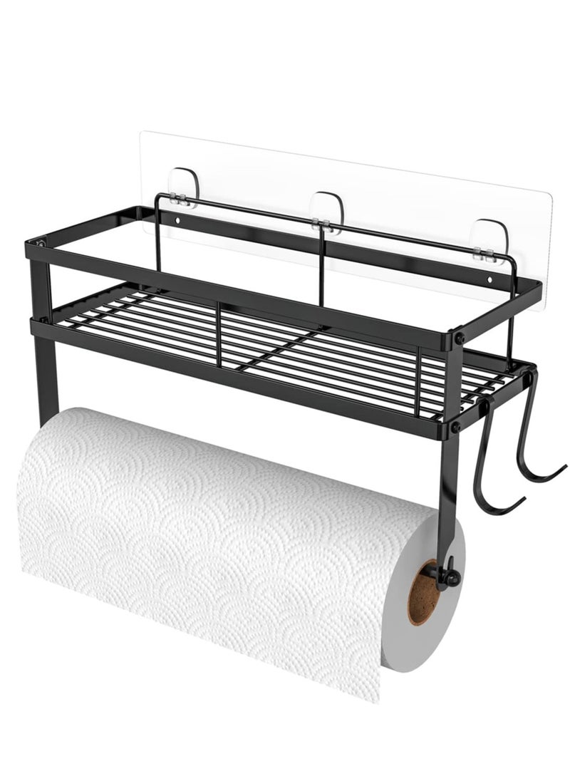 MIXDE Paper Towel Holder with Shelf Storage, Adhesive Wall Mount 2-in-1 Basket Organizer for Kitchen & Bathroom, Durable Metal Wire Design, Stainless Steel 304 Matte Black Finish  - Image 2