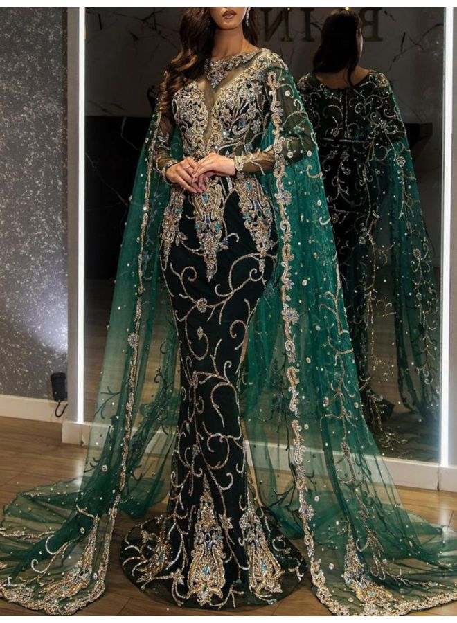 فساتنساء جديدة فستان الحفلة الذهبية فستان السهرة بأكمام كبيرة - Image 2