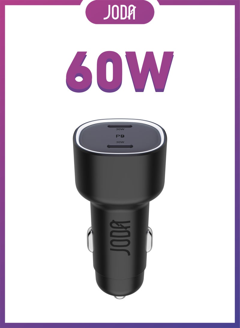 JODA 60W Fast Car Charger 🔌 Dual USB Type-C | Smart Charging Adapter for iPhone, Samsung & Laptops – Black 🚗 - Image 1