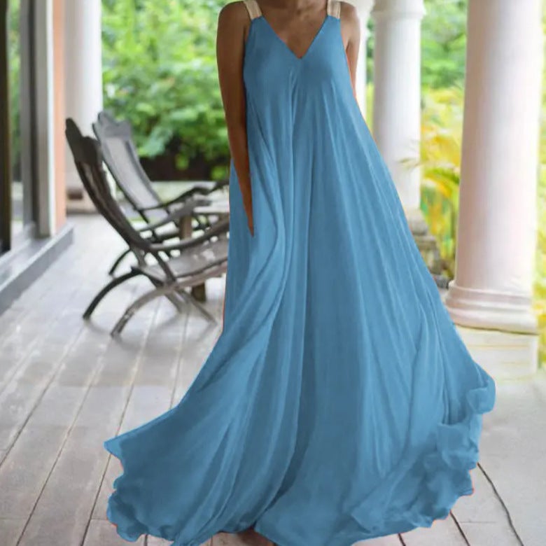 Summer Orange V Neck Dress Bohemian Large Size Suspender Dress - Image 5