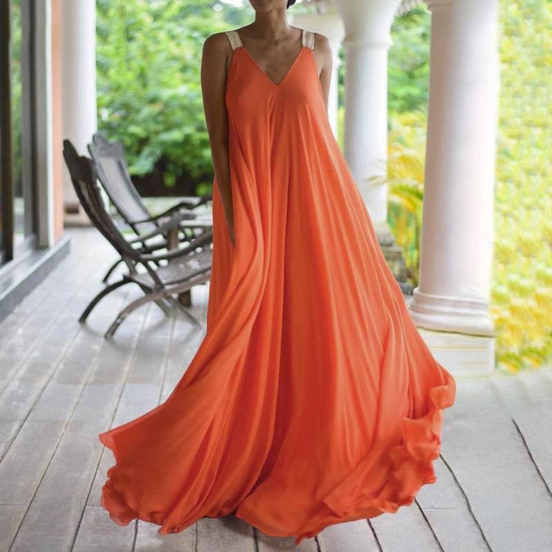 Summer Orange V Neck Dress Bohemian Large Size Suspender Dress - Image 3