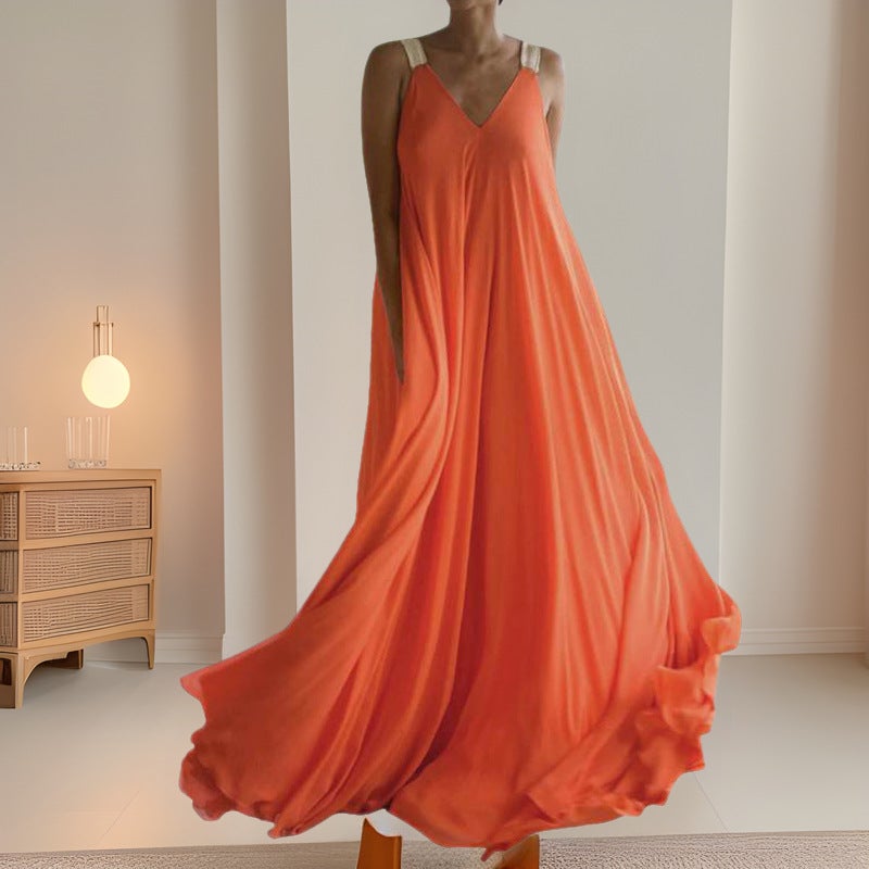 Summer Orange V Neck Dress Bohemian Large Size Suspender Dress - Image 2