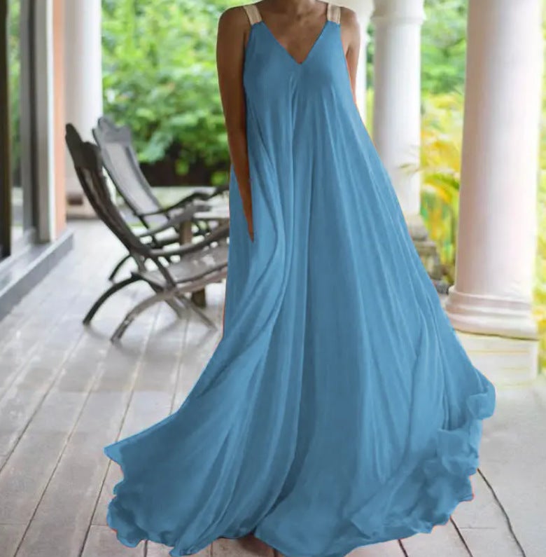 Summer Orange V Neck Dress Bohemian Large Size Suspender Dress - Image 1