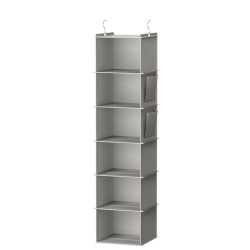 YOUDENOVA Hanging Closet Organizer and Storage, 6-Shelf Closet Hanging Shelves | Sturdy Bamboo Structure Cloth Hanging Storage, Sweater Organizer, 11.8” x 11.8” x 47.2”, Light Grey - Image 1