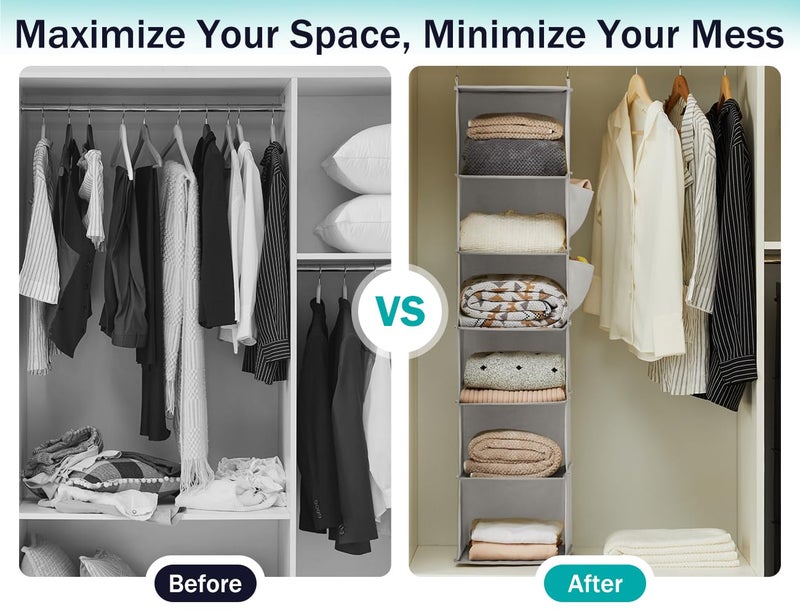 YOUDENOVA Hanging Closet Organizer and Storage, 6-Shelf Closet Hanging Shelves | Sturdy Bamboo Structure Cloth Hanging Storage, Sweater Organizer, 11.8” x 11.8” x 47.2”, Light Grey - Image 5