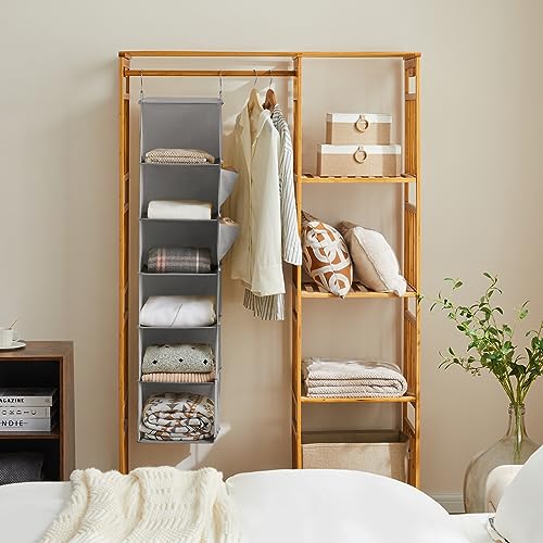 YOUDENOVA Hanging Closet Organizer and Storage, 6-Shelf Closet Hanging Shelves | Sturdy Bamboo Structure Cloth Hanging Storage, Sweater Organizer, 11.8” x 11.8” x 47.2”, Light Grey - Image 2