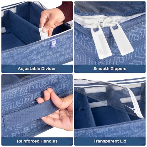 HomeStrap Under Bed Storage Bag with Clear Lid & 5 Adjustable Dividers | Large Foldable Underbed Organizer for Clothes, Shoes | Dustproof Non-Woven Fabric Storage Box with Handles | Navy Blue - Image 3