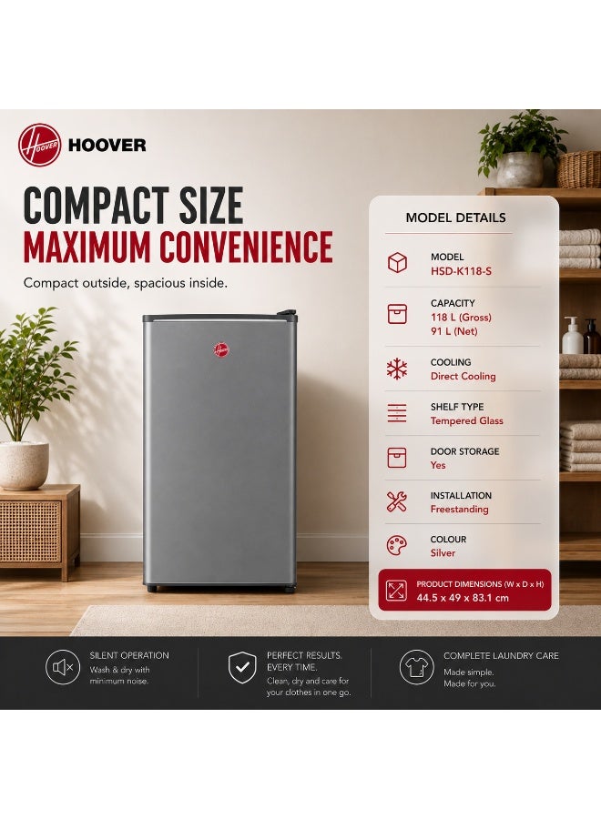 HOOVER 118L Single Door Compact Refrigerator with Freezer Compartment - Mechanical Control, Adjustable Thermostat, Defrost Feature, 1 Year Warranty - Silver- HSD-K118-S HSD-K118-S Silver - Image 2