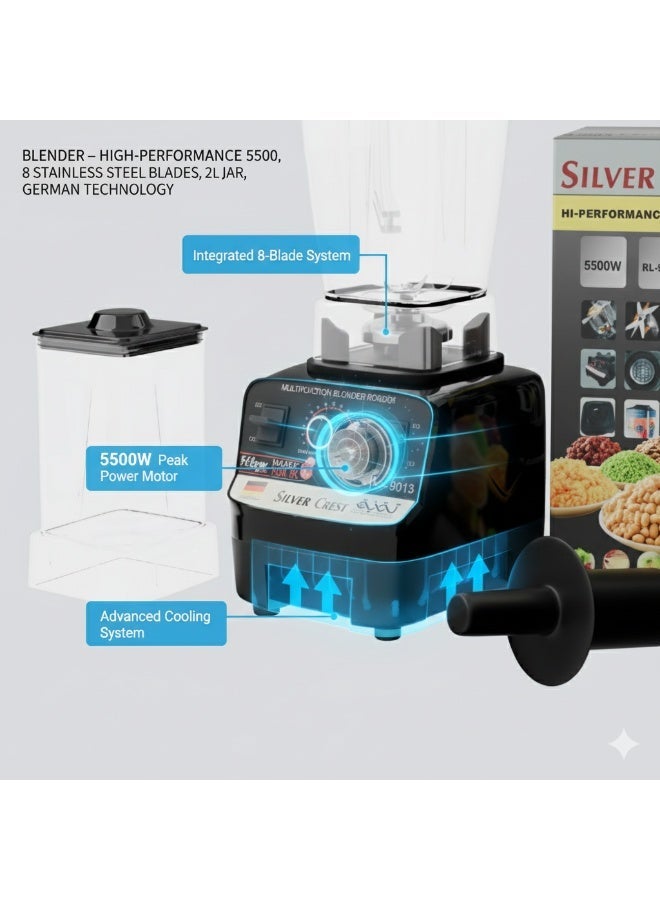 SILVER CREST 5500W Commercial Heavy Duty Blender & Food Processor | Professional 2L Capacity | 8-Blade Stainless Steel | Integrated Safety Lock | Ice Crushing, Smoothie Maker, Grain Grinder - Image 4