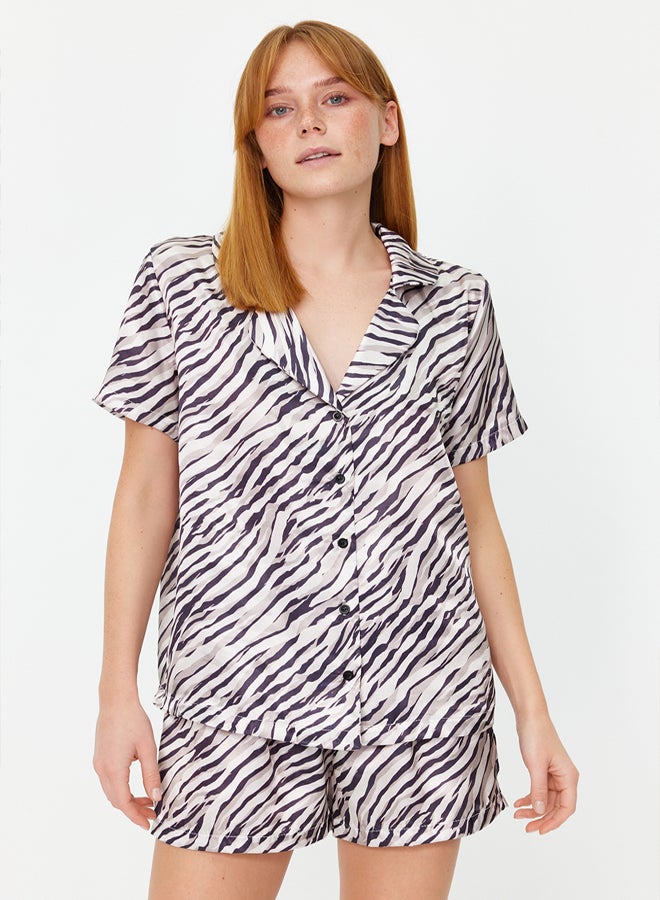 trendyol Mink-Black Zebra Patterned Satin Shirt-Shorts Woven Pajama Set THMSS20PT0158 - Image 3