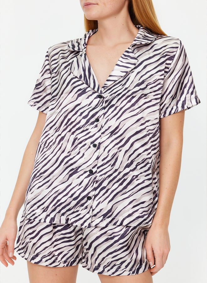 trendyol Mink-Black Zebra Patterned Satin Shirt-Shorts Woven Pajama Set THMSS20PT0158 - Image 4
