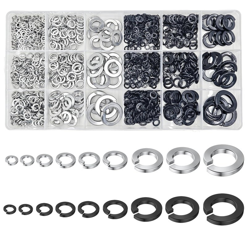 Wensilon Lock Washer kit for Screws and Bolts, (#4#6#8#10#12 1/4 5/16 3/8 1/2 Stainless Steel 304 and Black) Split Lock Washer Set, Suitable for Factory Maintenance, Kitchen, Store and Outdoor - Image 1