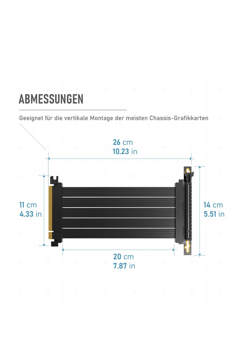 PCIe 4.0 x16 Riser Cable, High-Speed GPU Extension Card with Reinforced PCI Slots, Gold-Plated Connectors, Right Angle Connector, 7.87in (20cm) Length.