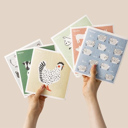 RECYCO Swedish Dishcloths for Kitchen | 6 Pack Farmhouse Friends Washable Dish Rags | Cellulose Reusable Cleaning Paper Towels | Absorbent Counter Dish Cloth Sponge Kitchen Wipes, 8" L x 7" W - Image 1
