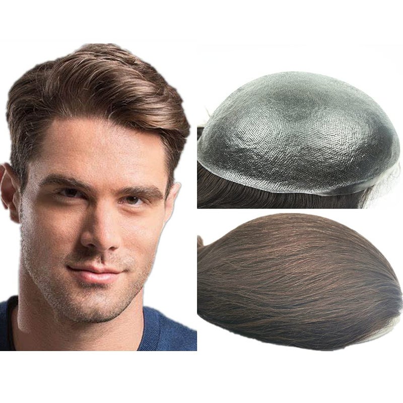 PU Skin Toupee for men NLW 10x8 base European Human Hair Pieces for man 004mm thin Skin hair replacement system prosthesis units patch implant for men 4 Light Brown