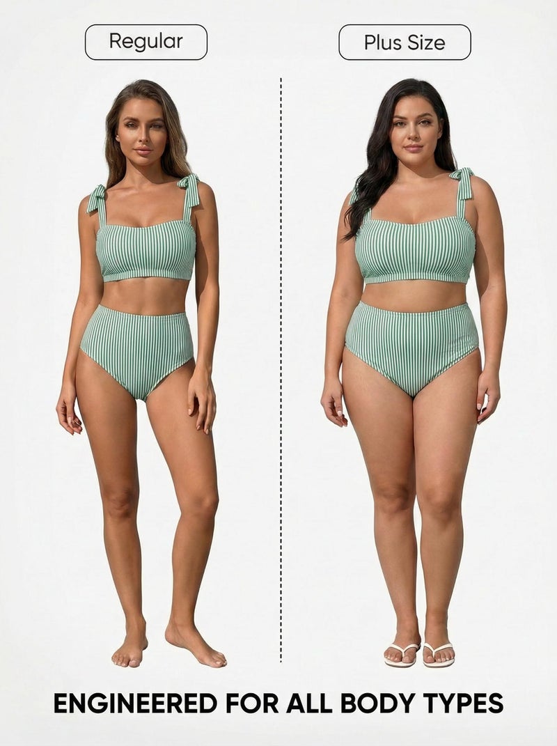Herseas Women's Striped 2 Piece Bikini Sets Shoulder Strap Knot High Waisted Swimsuits Quick Dry Soft Bathing Suit High Elasticity Long Torso Swim Outfits Large Green Stripes - Image 5