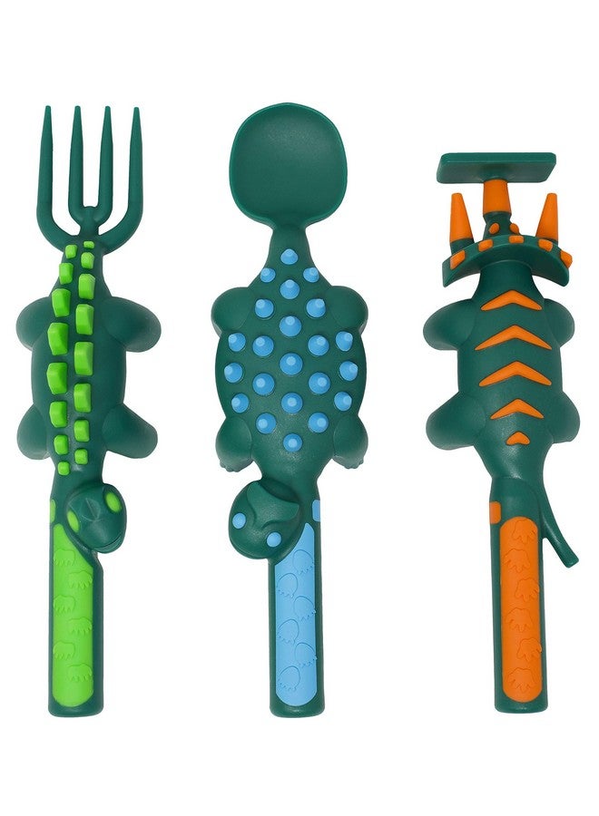 Constructive Eating Toddler Utensils Made In Usa Construction Silverware For Toddlers Construction Utensils For Kids Construction Eating Set With Excavator Fork And Spoon (Dino) - Image 1