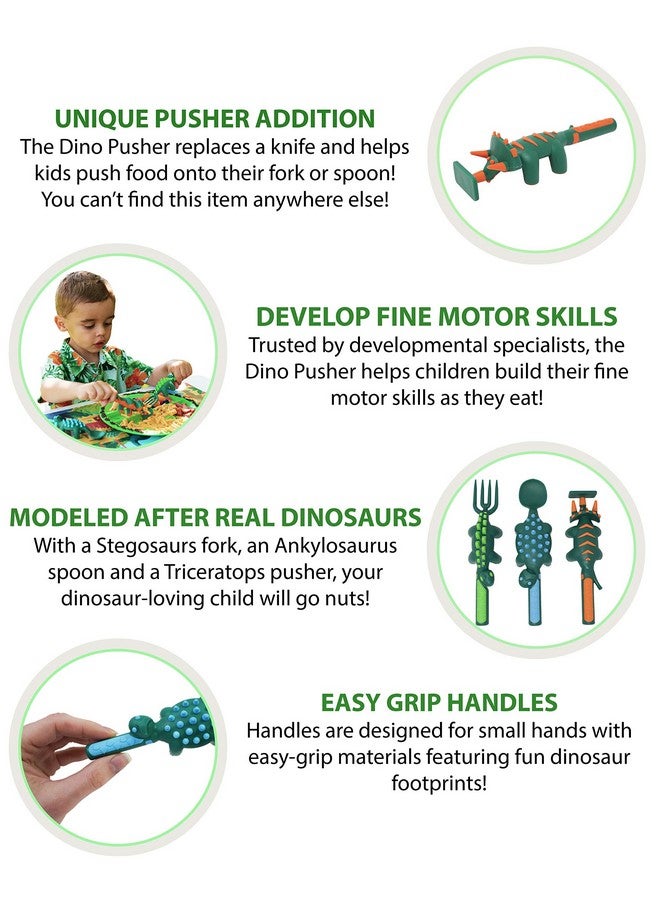 Constructive Eating Toddler Utensils Made In Usa Construction Silverware For Toddlers Construction Utensils For Kids Construction Eating Set With Excavator Fork And Spoon (Dino) - Image 3