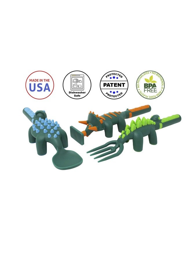 Constructive Eating Toddler Utensils Made In Usa Construction Silverware For Toddlers Construction Utensils For Kids Construction Eating Set With Excavator Fork And Spoon (Dino) - Image 2