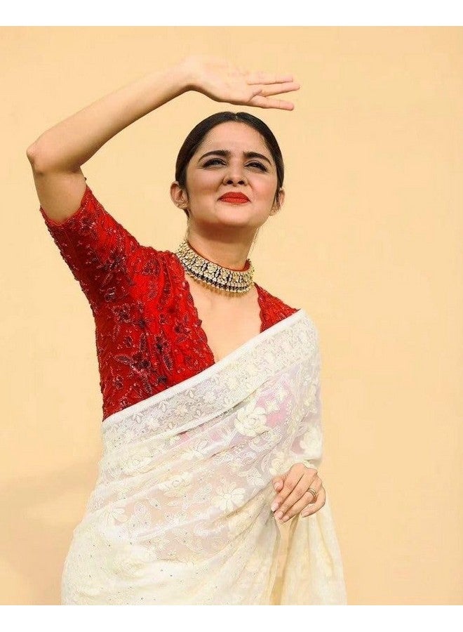 Women's Heavy Georgette Embroidery Work Saree With Blouse Piece (kp-w-290-white-bzr)  - Image 2