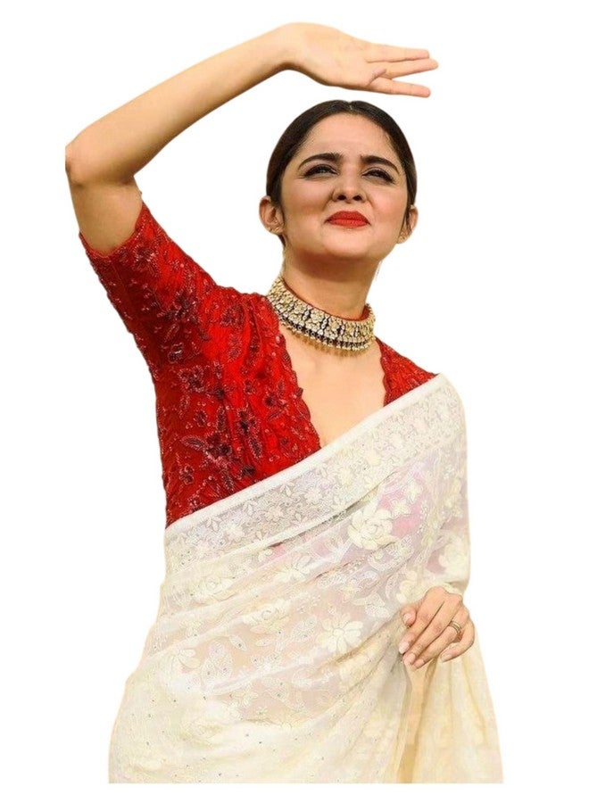 Women's Heavy Georgette Embroidery Work Saree With Blouse Piece (kp-w-290-white-bzr)  - Image 1