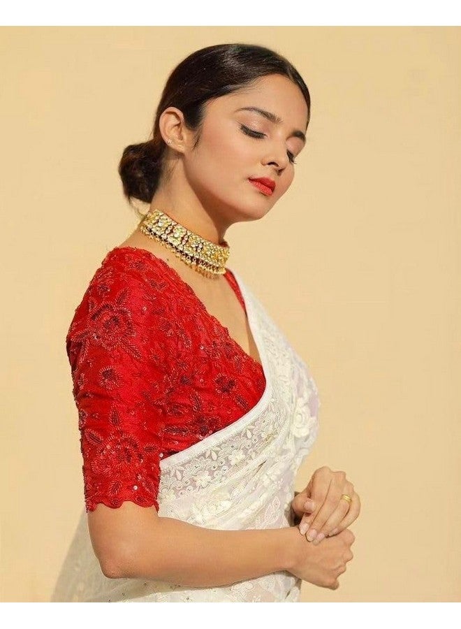 Women's Heavy Georgette Embroidery Work Saree With Blouse Piece (kp-w-290-white-bzr)  - Image 4