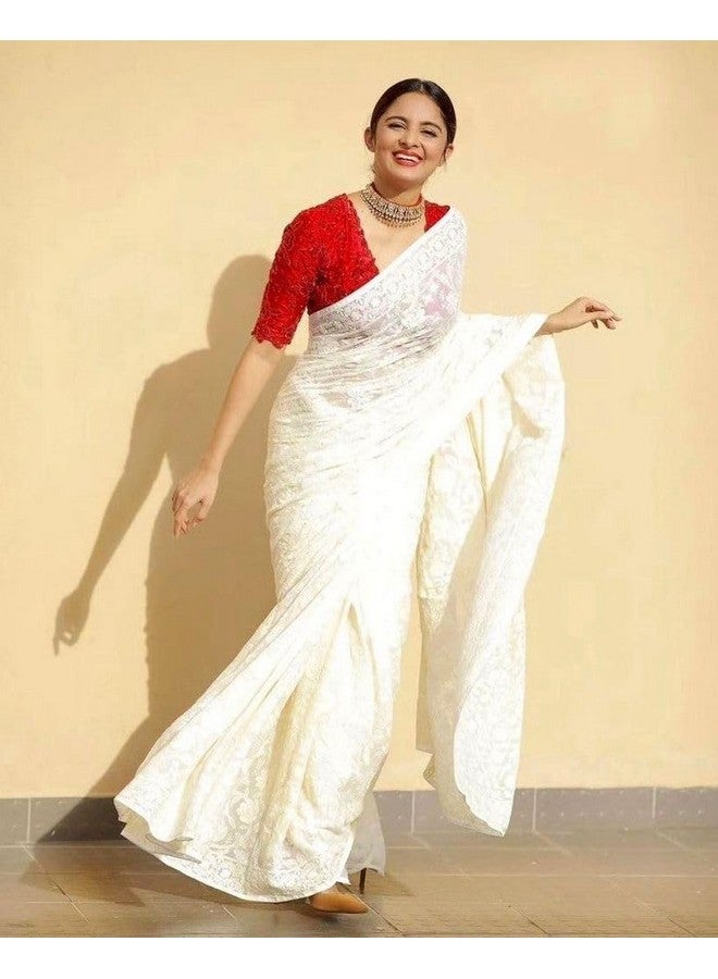 Women's Heavy Georgette Embroidery Work Saree With Blouse Piece (kp-w-290-white-bzr)  - Image 5